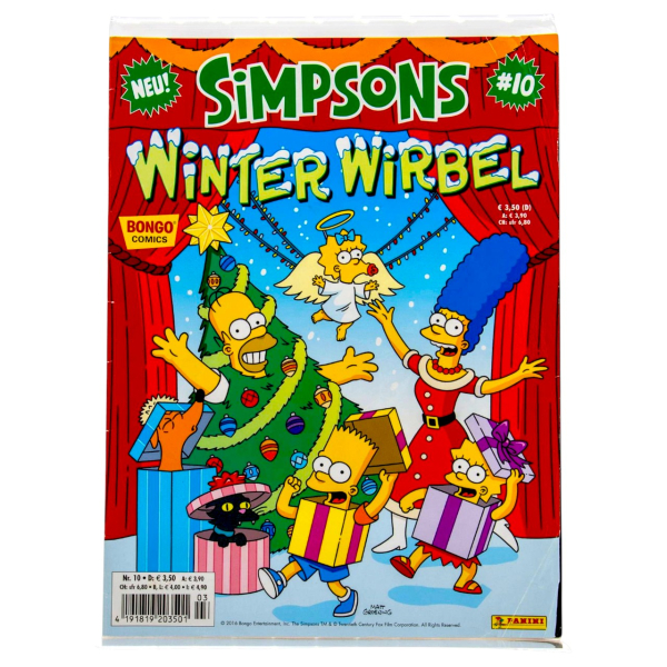 Comiccover von Die Simpsons – Winterwirbel 1: Homer, Marge, Bart, Lisa und Maggie in einer verschneiten Winterlandschaft, eingepackt in Winterkleidung, umgeben von Schnee, Eis und winterlichem Chaos.